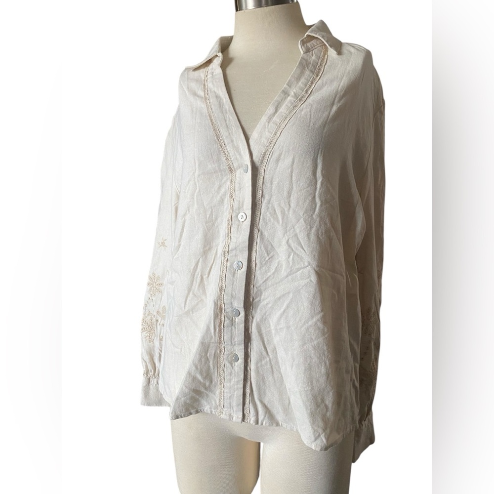 TAHARI Linen blend XL Women's Cream Button-Up Top embroidered long sleeves NWT’s